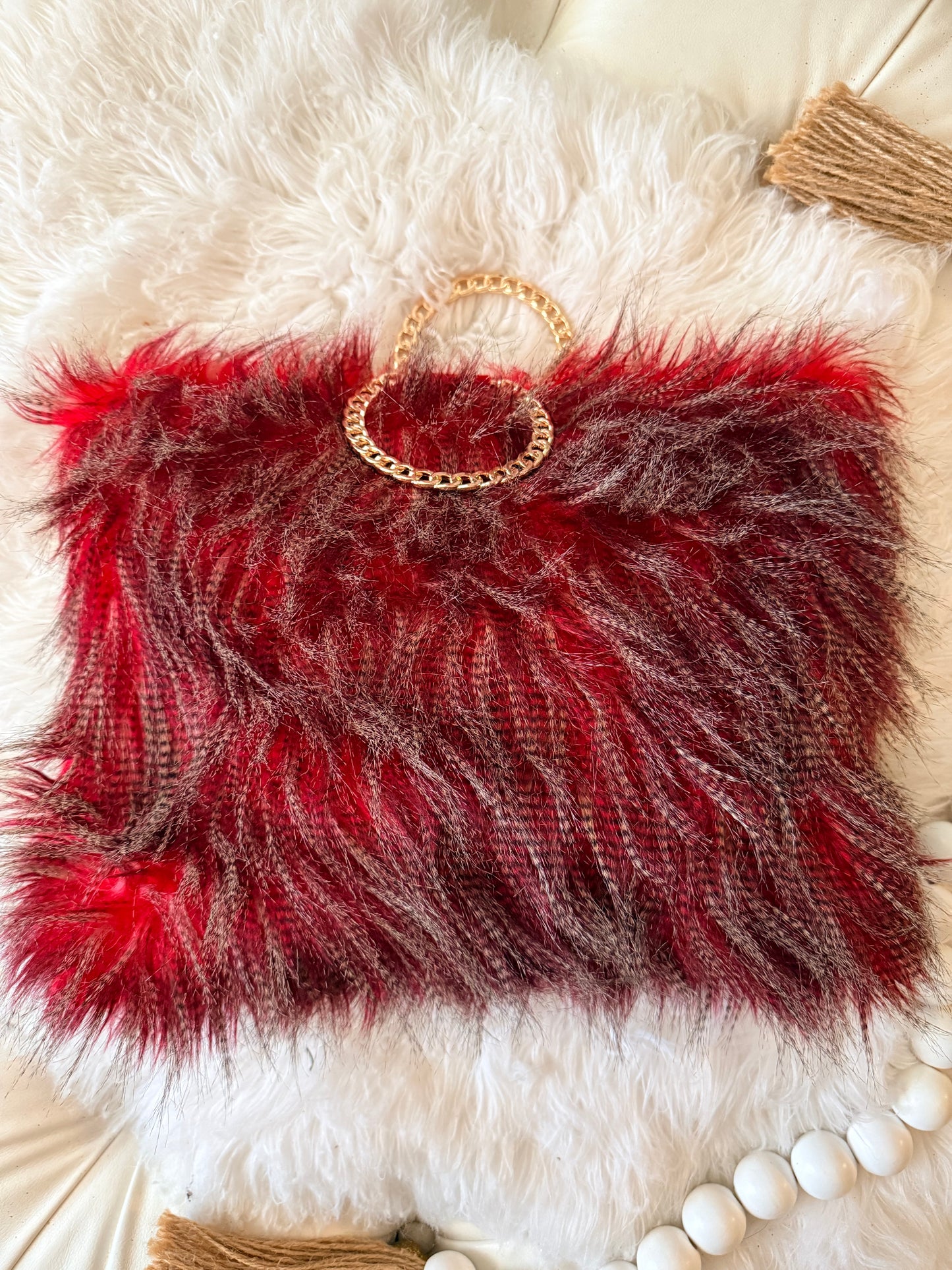 Crimson Shag: Red Faux Fur Statement Tote with Gold Chain Handles