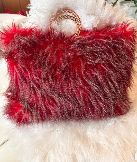 Crimson Shag: Red Faux Fur Statement Tote with Gold Chain Handles