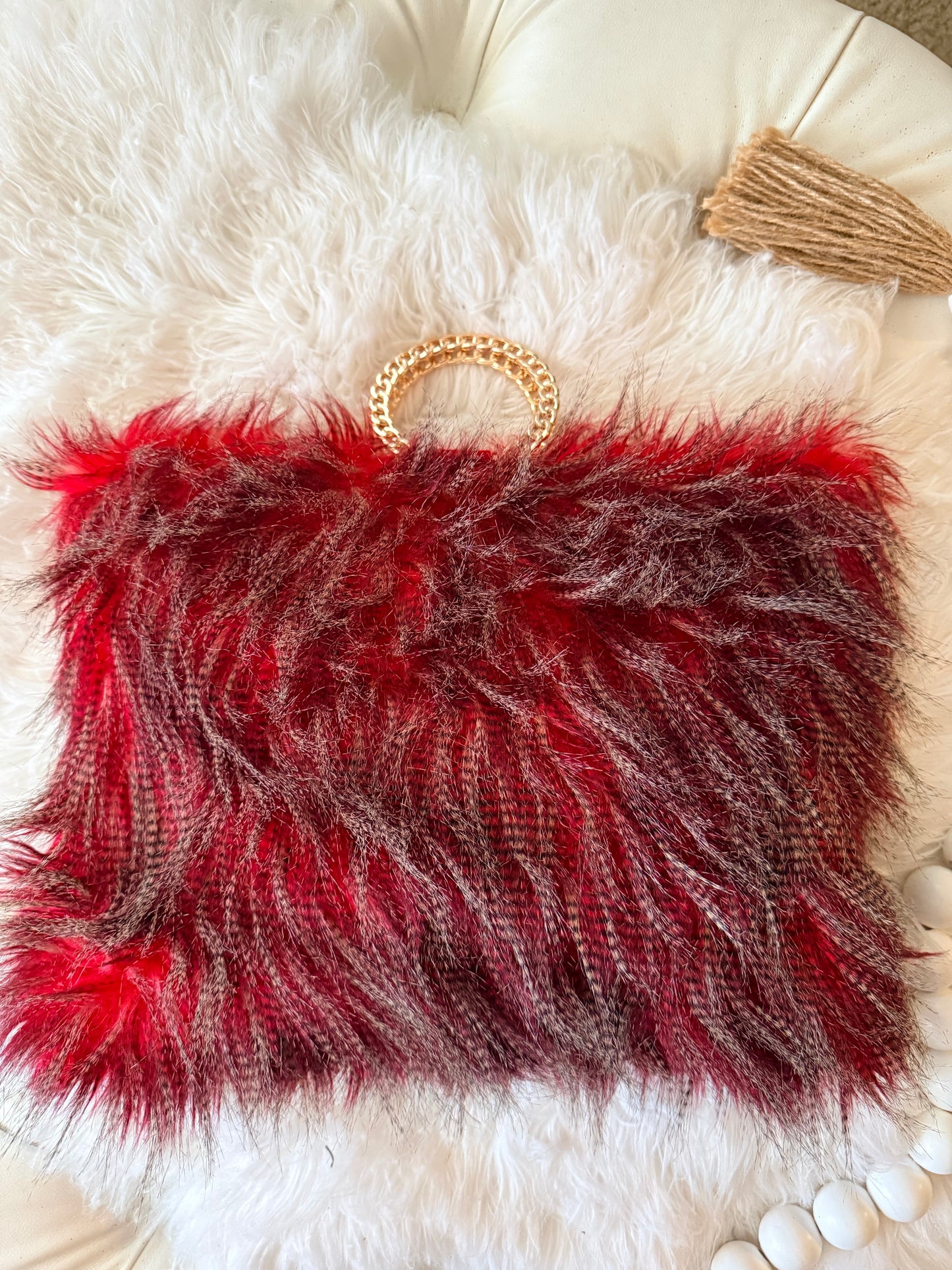 Crimson Shag: Red Faux Fur Statement Tote with Gold Chain Handles