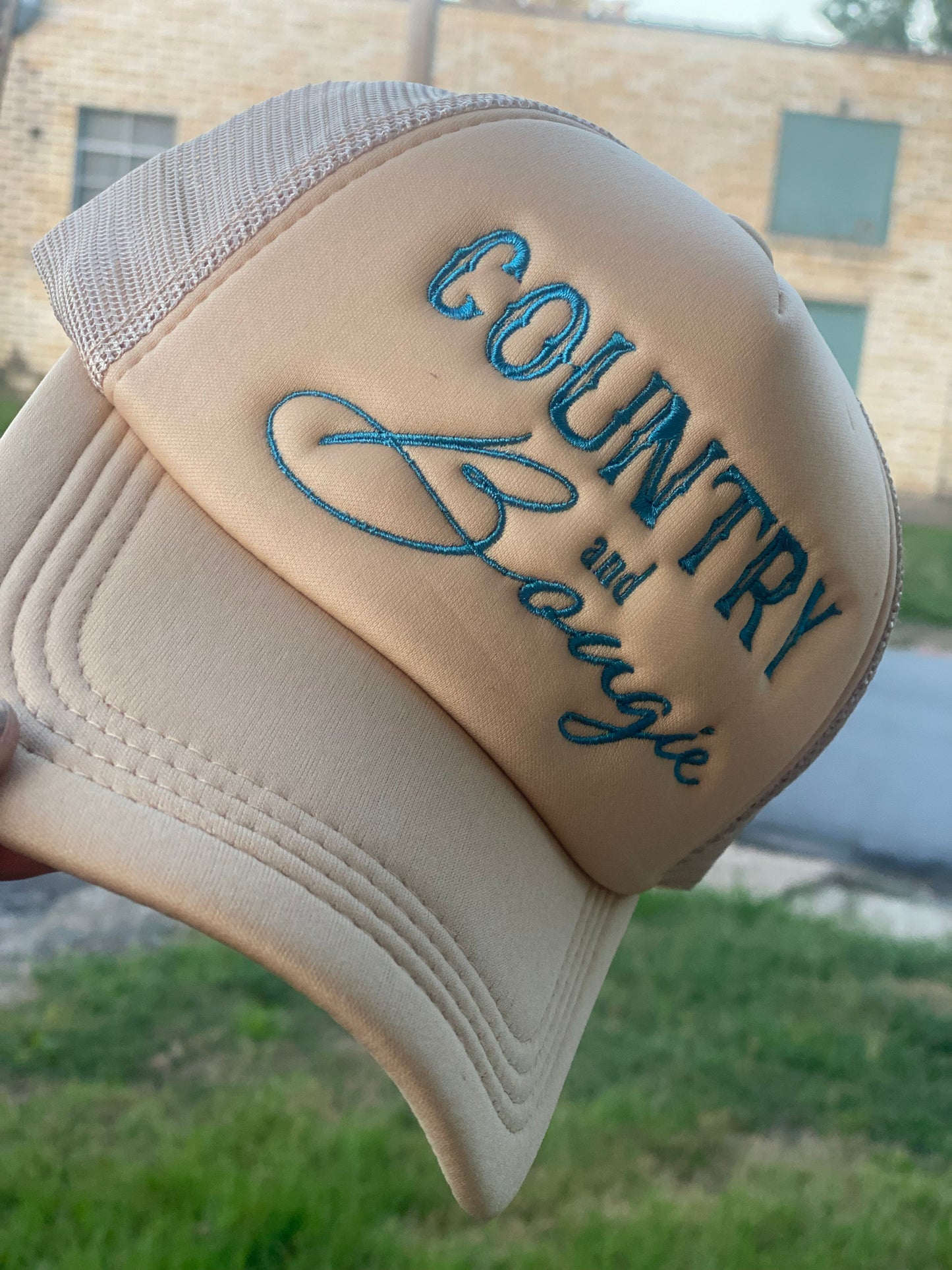 Beige/ Turquoise Country and Bougie Trucker Hat