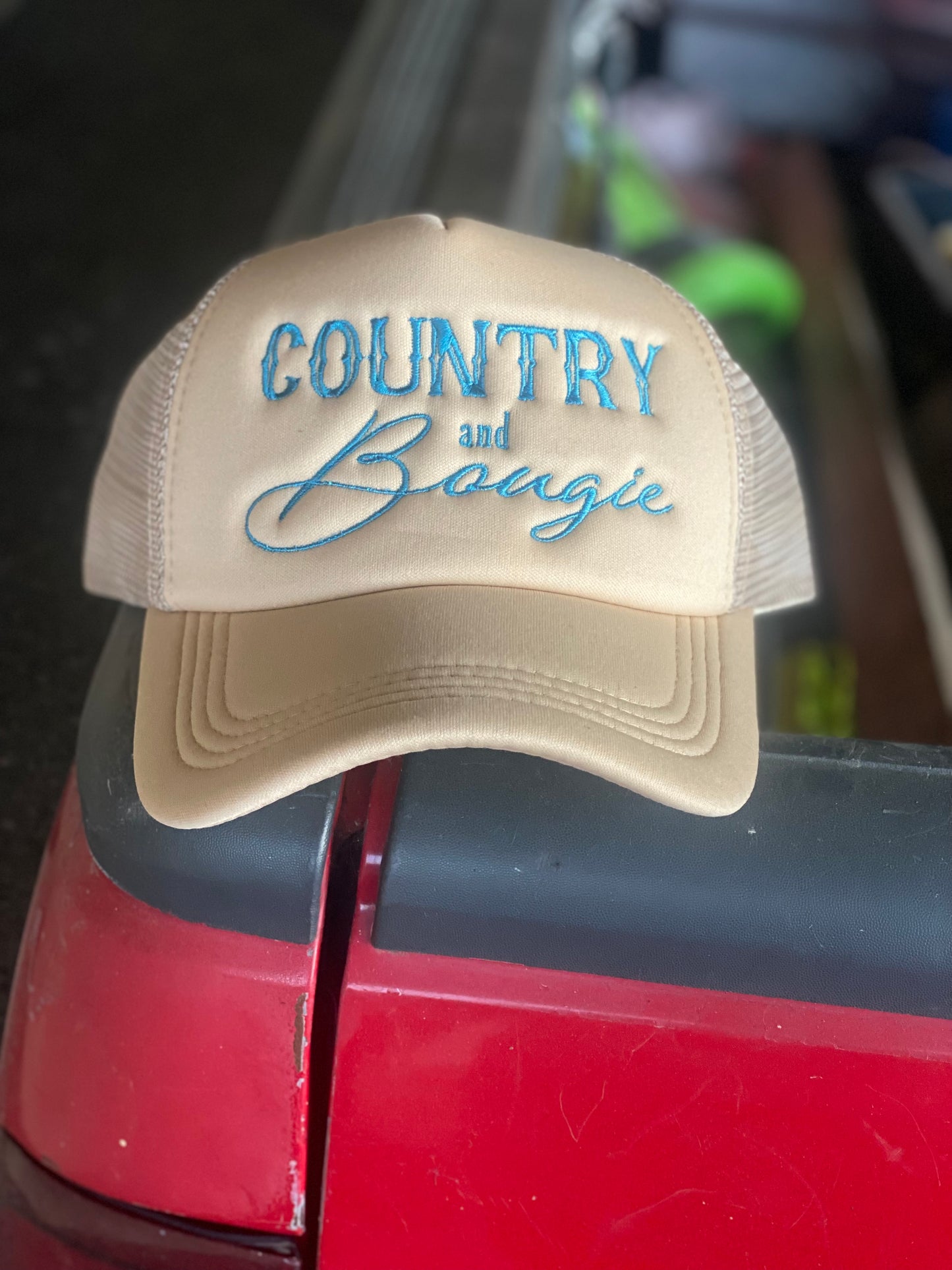 Beige/ Turquoise Country and Bougie Trucker Hat