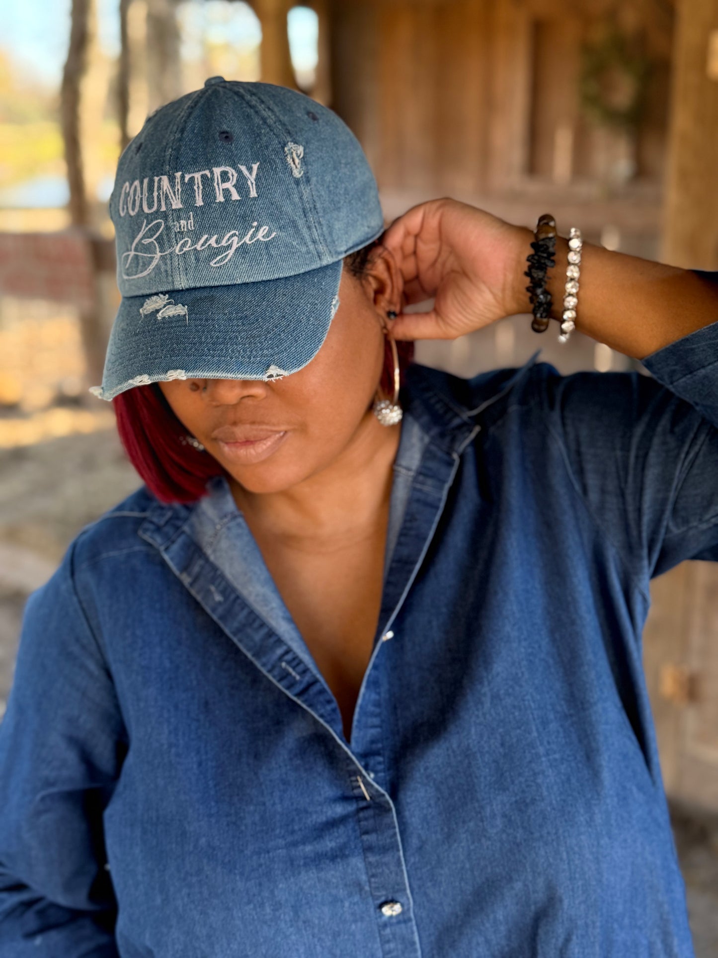 Medium Denim Distressed Country and Bougie hat