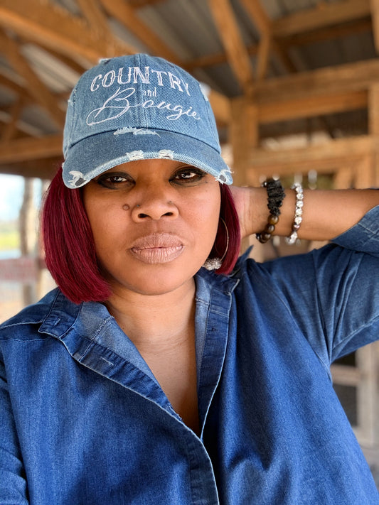Medium Denim Distressed Country and Bougie hat